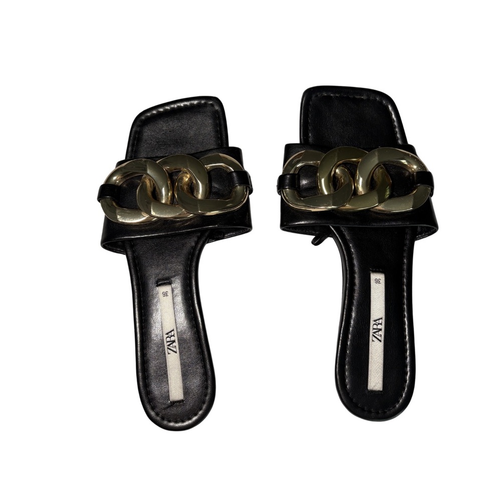 Zara Black Slide Sandals with Chunky Gold Chain